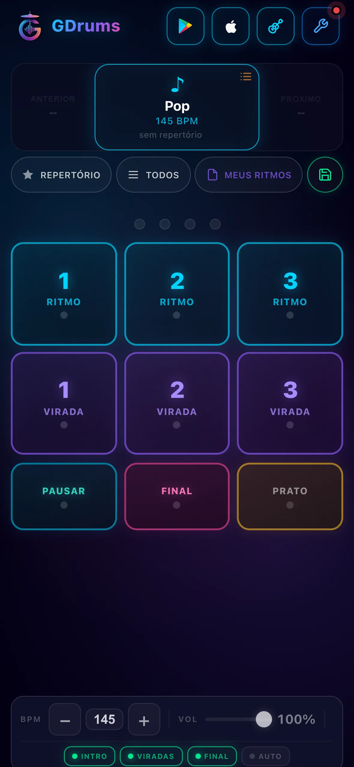 Tela do app GDrums com a grade de ritmos, viradas e controles ao vivo